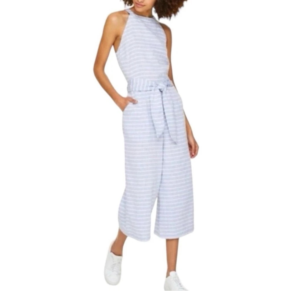 LOFT Lounge Linen Blend Wide Leg Halter Jumpsuit Cut Out Back Tie Waist Size S